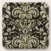 ブラックダイヤモンド&金ゴールドトーンヴィンテージフローラダマスク コースター (正面)
