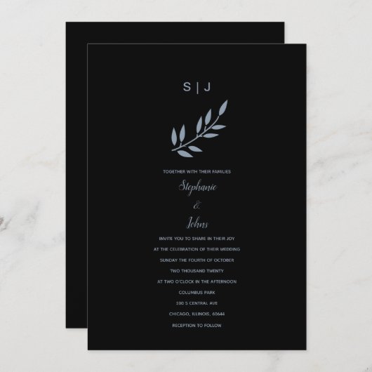 ブラックダスティブルーリーフモノグラム結婚ズ2024 招待状 (正面/裏面)