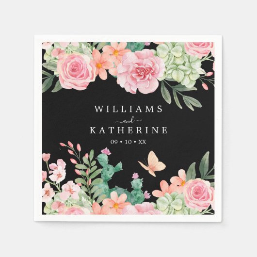 ブラックダスティー赤面ピンク&ピーチフローラ結婚ズ スタンダードカクテルナプキン (正面)