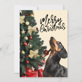 ブラックダックスンドッグがクリスマスツリーを見上げる Xmas  シーズンカード