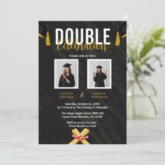 ブラックダブルお祝い卒業パーティーの写真 招待状 (スタンド正面)