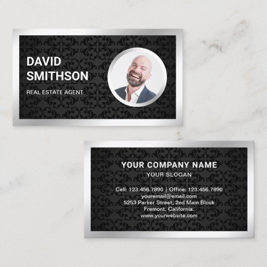 ブラックダマスカス鋼 シルバー 写真 不動産エージェント 名刺 (正面/裏面)