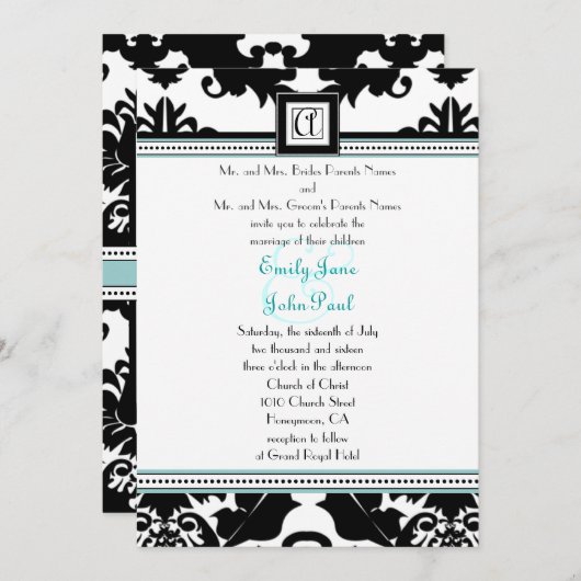 ブラックダマスクとアクアトリム結婚式招待状 招待状 (正面/裏面)