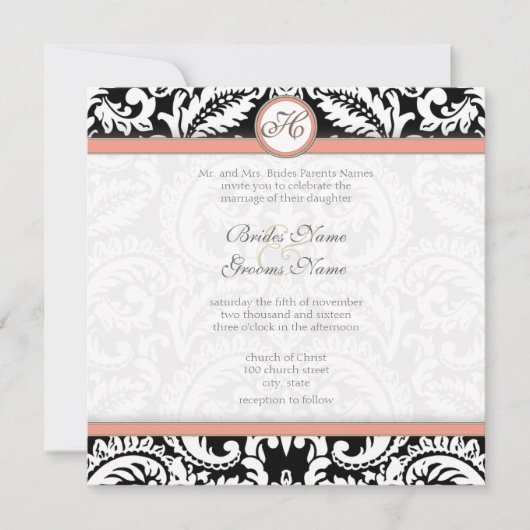 ブラックダマスクとコーラル&グレー結婚式招待状 招待状 (正面)