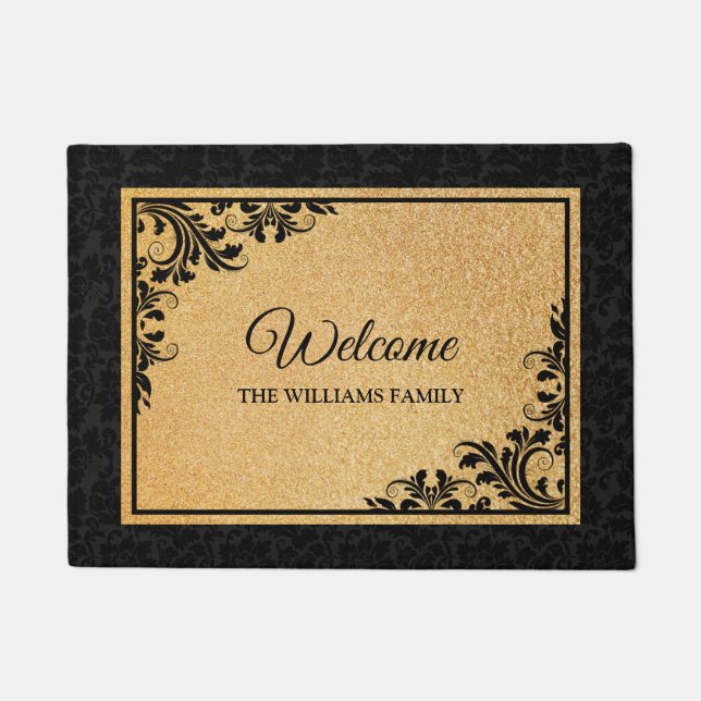 ブラックダマスクとスワールドアマット ドアマット (正面)