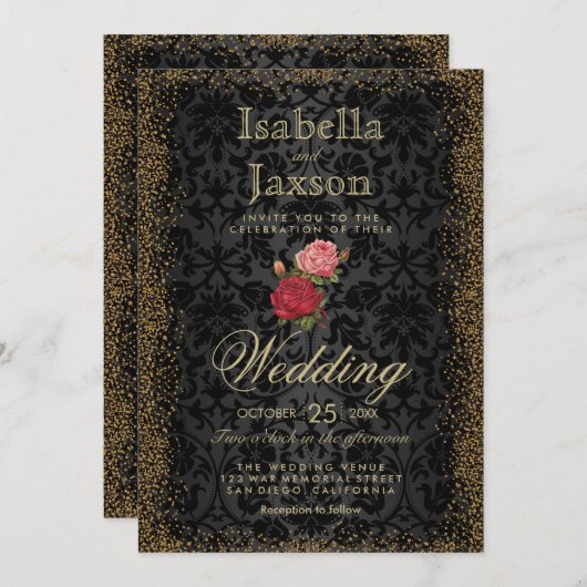 ブラックダマスクとバラ招待状 招待状 (正面/裏面)