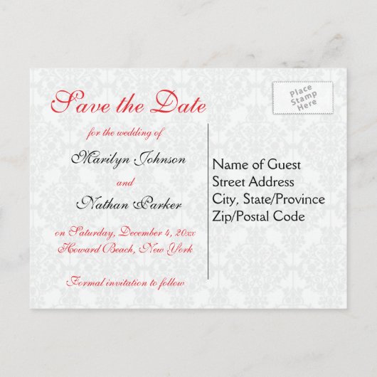 ブラックダマスクとポピーレッド日付はがきを保存 案内ポストカード (裏面)