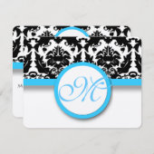 ブラックダマスクと明るいアクアブルー結婚トリム 出欠カード (正面/裏面)