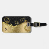 ブラックダマスクと金ゴールドダマスクと渦巻き ラゲッジタグ (正面横)