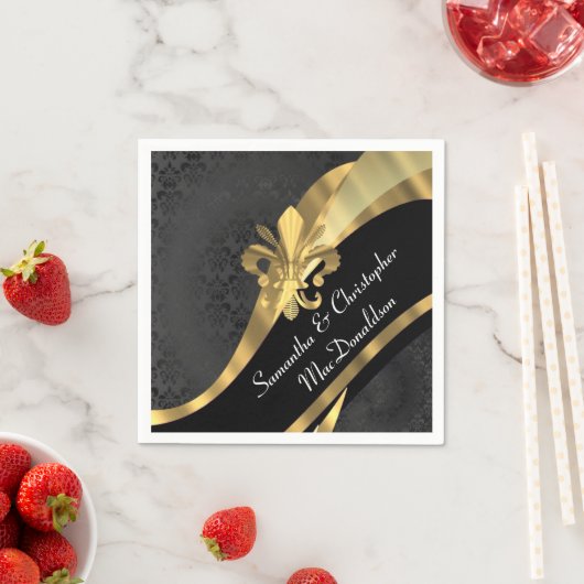 ブラックダマスクと金ゴールドフルーアデリス スタンダードカクテルナプキン (インサイチュ)