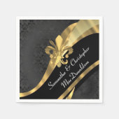 ブラックダマスクと金ゴールドフルーアデリス スタンダードカクテルナプキン (正面)