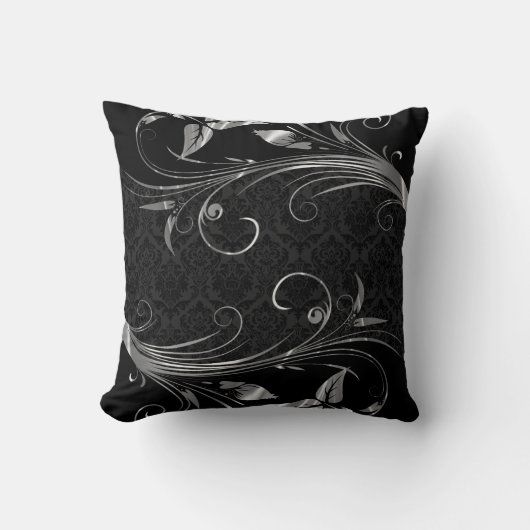 ブラックダマスクと金属銀のフローラ渦巻き クッション (正面)