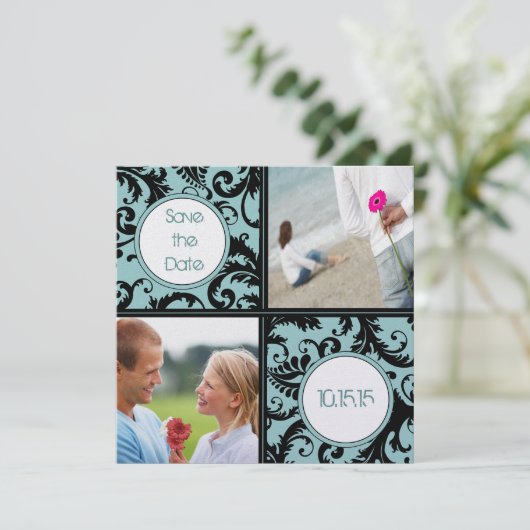 ブラックダマスクのアクアウェディング日付を保存 セーブザデート (スタンド正面)