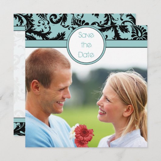 ブラックダマスクのアクアウェディング日付を保存 招待状 (正面/裏面)