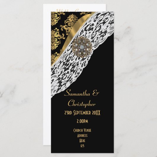 ブラックダマスクのホワイトレース教会の結婚式プログラム プログラム (正面/裏面)