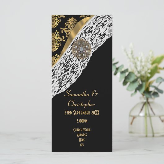 ブラックダマスクのホワイトレース教会の結婚式プログラム プログラム (スタンド正面)