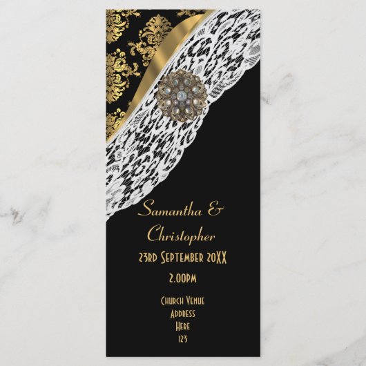 ブラックダマスクのホワイトレース教会の結婚式プログラム プログラム (正面)