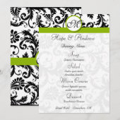 ブラックダマスクの渦巻きアップルグリーン結婚式メニュー メニュー (正面/裏面)