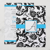ブラックダマスクの渦巻くライトブルーのアクアトリム 招待状 (正面/裏面)