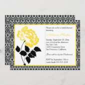 ブラックダマスクの背景にイエローのピーコック ブライダルシャワー 招待状 (正面/裏面)