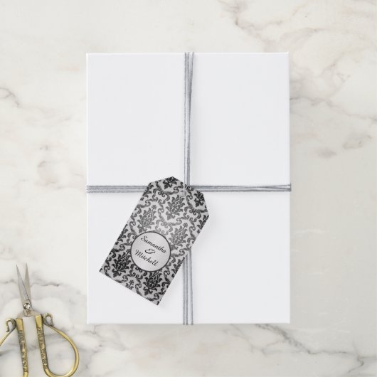 ブラックダマスクの銀グレー結婚の感謝を ギフトタグ (より糸付き)