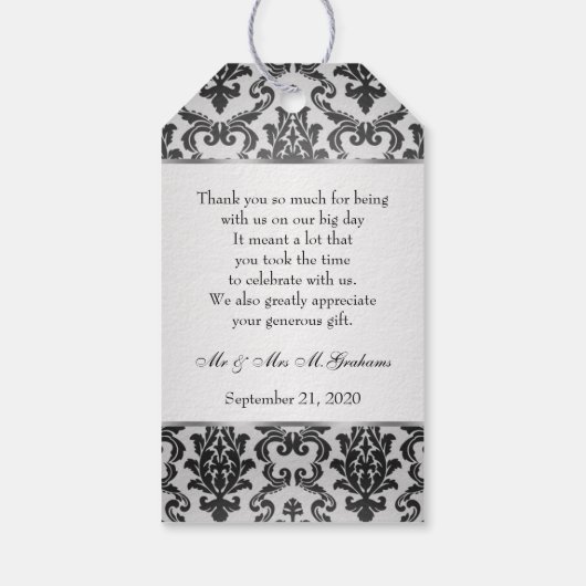 ブラックダマスクの銀グレー結婚の感謝を ギフトタグ (裏面)