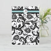 ブラックダマスクアクアブルーティール(緑がかった色)結婚式招待状 招待状 (スタンド正面)