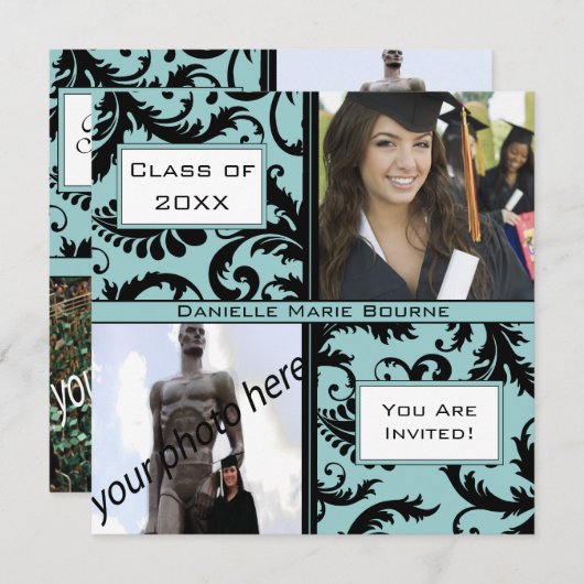 ブラックダマスクアクアブルー卒業招待状 招待状 (正面/裏面)