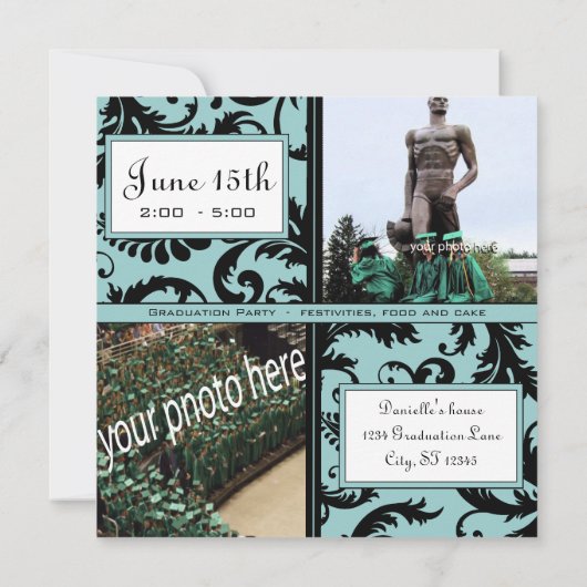 ブラックダマスクアクアブルー卒業招待状 招待状 (裏面)