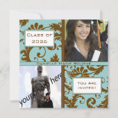 ブラックダマスクアクアブルー卒業招待状 招待状 (正面)