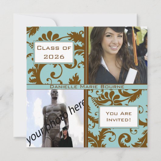 ブラックダマスクアクアブルー卒業招待状 招待状 (正面)