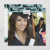 ブラックダマスクアクアブルー卒業招待状 招待状 (正面/裏面)