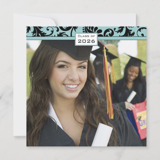 ブラックダマスクアクアブルー卒業招待状 招待状 (正面)