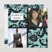 ブラックダマスクアクアブルー卒業招待状 招待状 (正面/裏面)