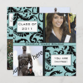 ブラックダマスクアクアブルー卒業招待状 招待状 (正面/裏面)