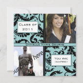 ブラックダマスクアクアブルー卒業招待状 招待状 (正面)