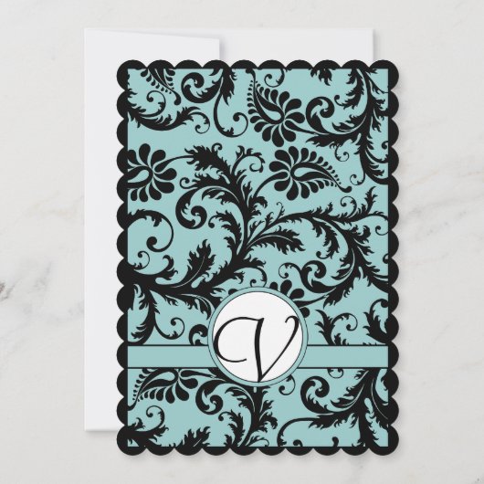 ブラックダマスクアクアブルー結婚式招待状 招待状 (裏面)