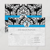 ブラックダマスクアクアマリントリムウェディングRSVPカード 出欠カード (正面/裏面)