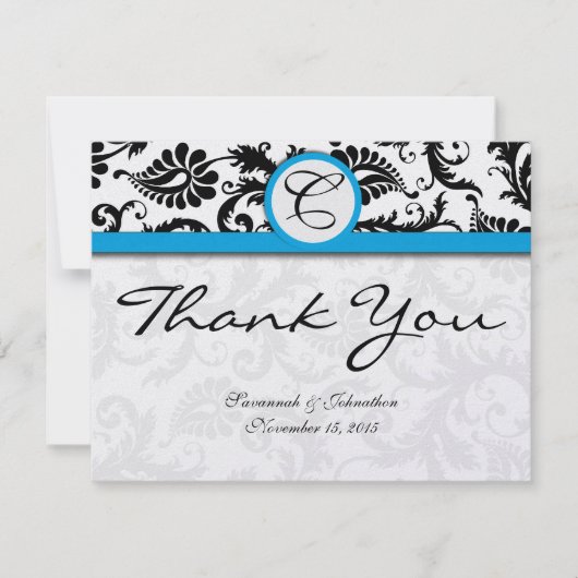 ブラックダマスクアクアマリン結婚トリムありがとう サンキューカード (正面)