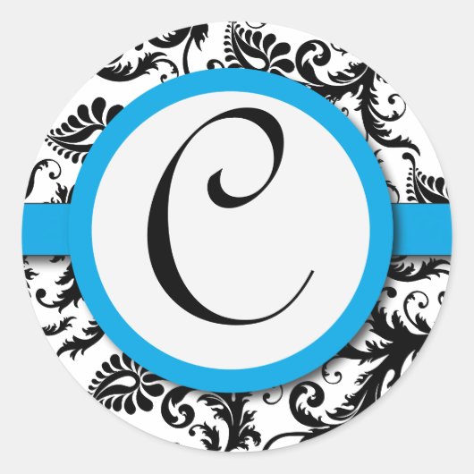 ブラックダマスクアクアマリン結婚トリムのシール ラウンドシール (正面)