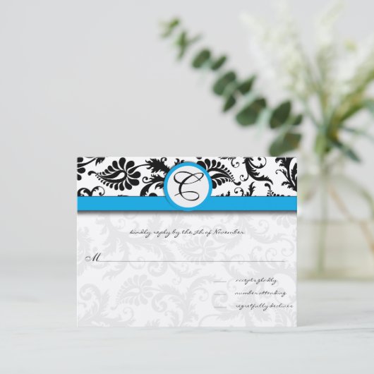 ブラックダマスクアクアマリン トリム ウェディング 招待状 (スタンド正面)