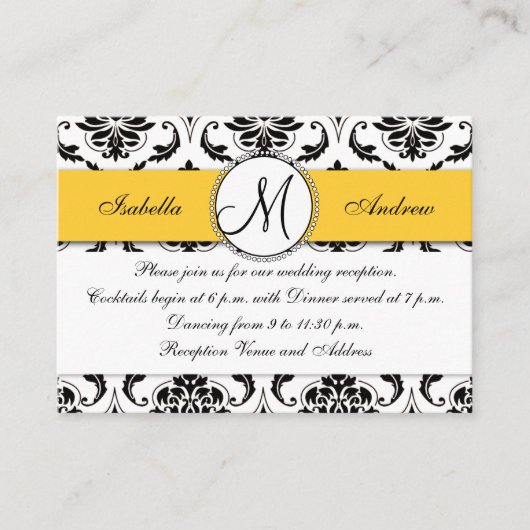 ブラックダマスクイエローウェディングレセプションカード エンクロージャーカード (正面)