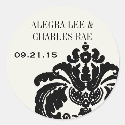 ブラックダマスクウェディングメッセージカード結婚またはシール ラウンドシール (正面)