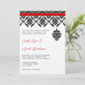 ブラックダマスクオンホワイトレッドトリム結婚式招待状 招待状 (スタンド正面)