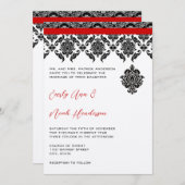 ブラックダマスクオンホワイトレッドトリム結婚式招待状 招待状 (正面/裏面)