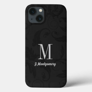 ブラックダマスククラシックモノグラムの iPhone 13ケース