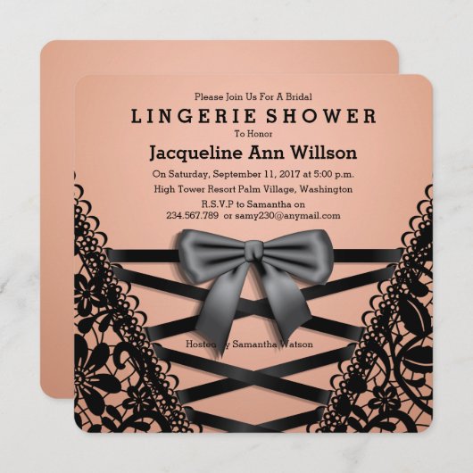ブラックダマスクコルセットランジェリーシャワーアナウンス 招待状 (正面/裏面)