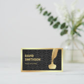 ブラックダマスクゴールドフォイルインクウエルフェザークイルペン 名刺 (スタンド正面)
