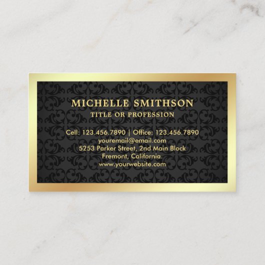 ブラックダマスクゴールドフォイルフェザーヴィンテージクイルペン 名刺 (裏面)