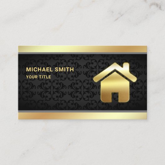 ブラックダマスクゴールドフォイルホームロゴ実在エステートエージェント 名刺 (正面)